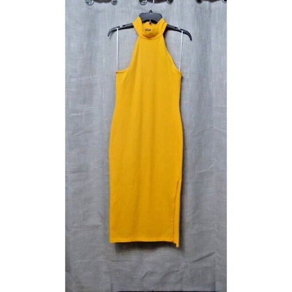 Monrow Mock Neck Side Slit Halter Dress, Bright Yellow, Small - Picture 6 of 12